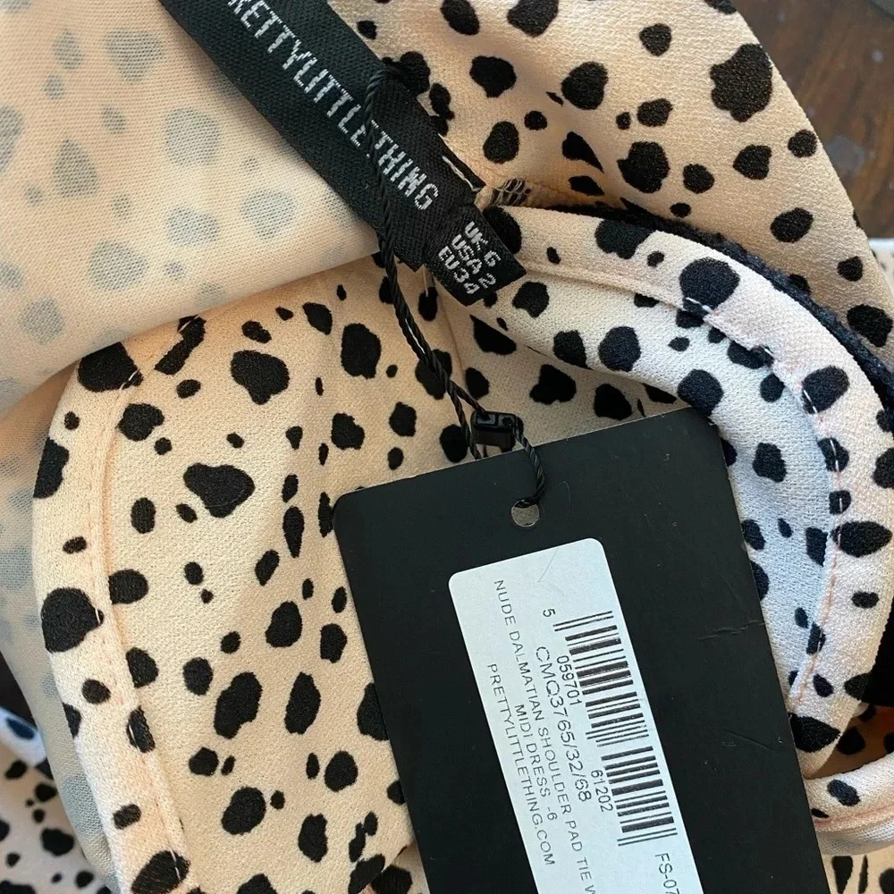 PrettyLittleThing Nude Dalmatian Shoulder Pad Tie Waist Midi Dress NWT - Picture 7 of 7
